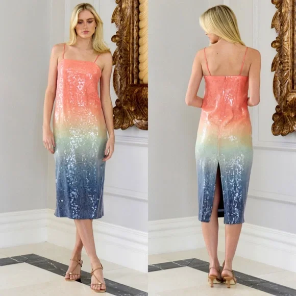 Veronica Beard Leda Sequin Midi Dress Ombre Multi 4 6 NWT Gradient Column Glam - Picture 3 of 17